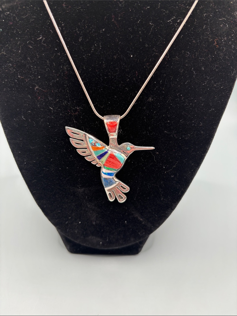 Gorgeous Sterling Silver Jasper Turquoise Lapis Opal Inlay Hummingbird Necklace